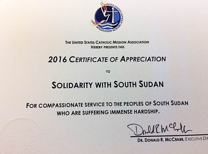 Solidarity with South Sudan Certificate of Appreciation